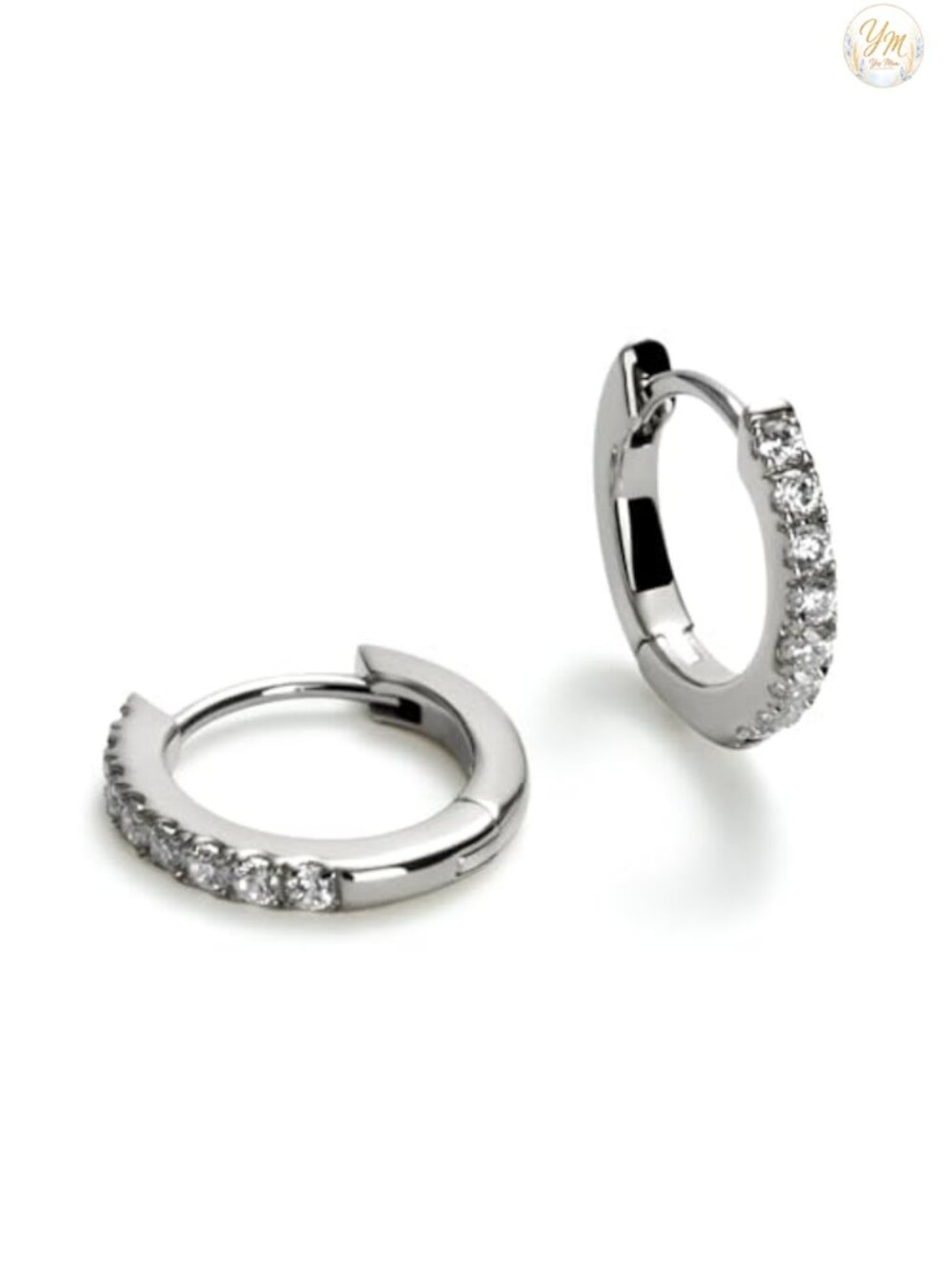 Huggie Hoop Earrings Small Dainty Rhodium Plated Cubic Zirconia Pave